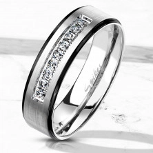 Inel din oțel cu un finisaj mat - împodobit cu zirconii strălucitori în crestătură, margini negre, 6 mm