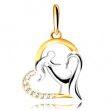 Pandantiv din aur combinat 585 - inimă cu o mamă care ține un copil în brațe, zirconii clare