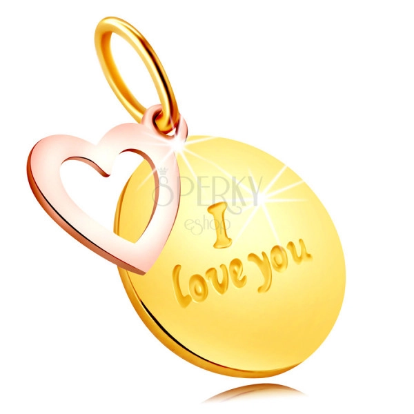 Pandantiv din aur combinat 585 - placă rotundă cu scris „I love you”, contur inimă