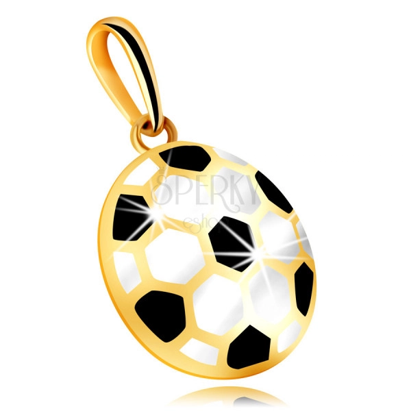 Pandantiv din aur 14K - minge convexă cu glazură alb-negru, cu spatele gol