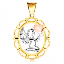 Pandantiv din aur combinat 14K - înger cu o inimă în mâini, în cadru oval