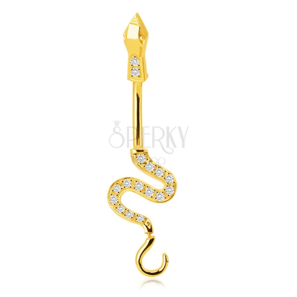 Piercing din aur de 14K pentru buric - șarpe ondulat strălucitor, coadă împodobită cu zirconii strălucitoare