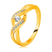 Inel din aur de 14 K - brațe subțiri împletite cu zirconii, zirconiu rotund strălucitor