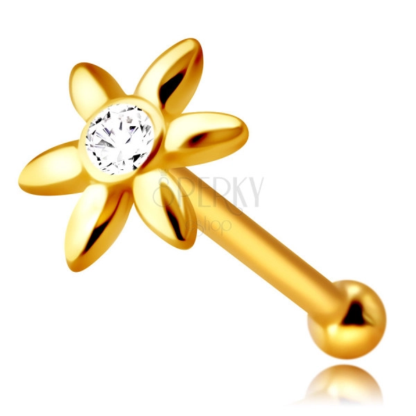 Piercing pentru nas în aur galben 14K - floare cu un zirconiu clar, petale lungi