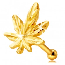 Piercing pentru nas din aur galben de 14 K - conturul unei frunze de cannabis, vene minuscule