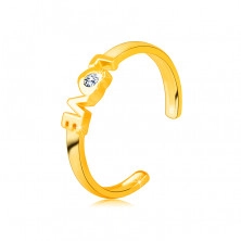 Inel din aur galben 585 cu brațe deschie - scris „LOVE”, zirconiu rotund limpede într-o inimă