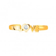 Inel din aur galben 585 cu brațe deschie - scris „LOVE”, zirconiu rotund limpede într-o inimă