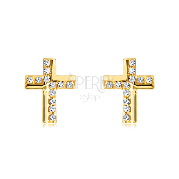 Cercei de aur în aur de 9 K - o cruce împodobită cu zirconii strălucitoare, finisaj strălucitor