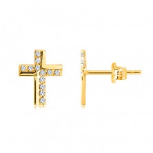 Cercei de aur în aur de 9 K - o cruce împodobită cu zirconii strălucitoare, finisaj strălucitor