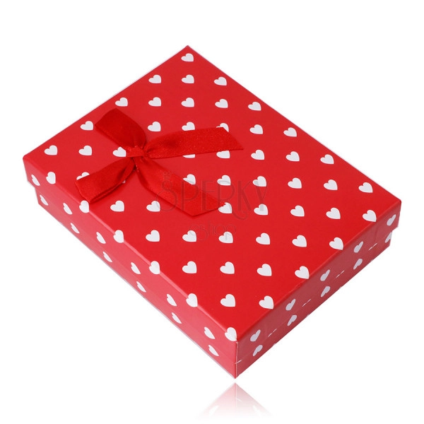 Cutie cadou roșu pentru un set sau un colier - inimi albe, arc decorativ