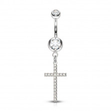 Piercing pentru buric – cristal rotund transparent cu pandantiv, cruce pavată cu cristale