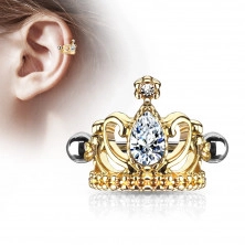 Piercing pentru ureche, din oțel – coroană regală cu o lacrimă, bară, bile