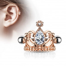 Piercing pentru ureche, din oțel – coroană regală cu o lacrimă, bară, bile