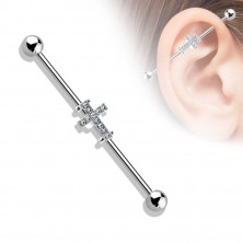 Piercing ureche, din oțel inoxidabil – stâlp finisat cu bile, împodobit cu cruce cu cristale