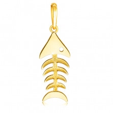 Pandantiv din aur 14K - schelet de pește cu ochi, suprafață netedă și luciu ridicat