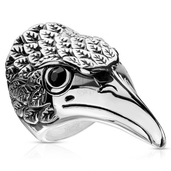 Inel de oțel, cap de vultur robust – zirconii negre, pene patinate crestate