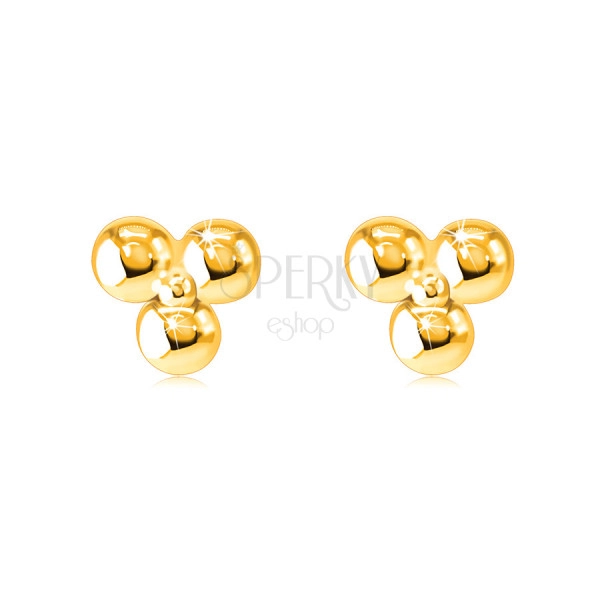 Cercei din aur de 9 K - trei mărgele conectate de o perlă lucioasă mai mică, închidere de tip fluturaș