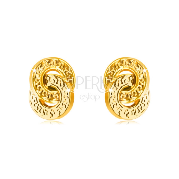 Cercei din aur de 9K – două cercuri împletite, zimţuri decorative, suprafață strălucitoare