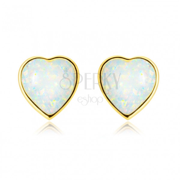 Cercei din aur 14K - inimă obișnuită cu un opal alb convex, închidere de tip fluturaș