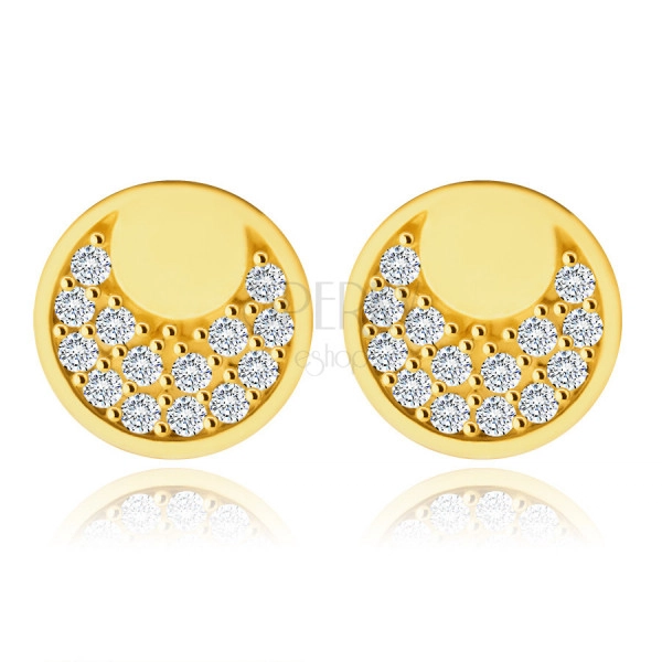 Cercei din aur de 14K – cercuri lustruite oglindă, forme de lună pavate cu zirconii, știfturi