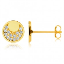 Cercei din aur de 14K – cercuri lustruite oglindă, forme de lună pavate cu zirconii, știfturi