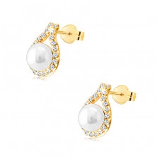 Cercei din aur 9K – perlă albă de cultură, contur lacrimă, zirconii