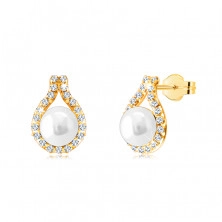 Cercei din aur 9K – perlă albă de cultură, contur lacrimă, zirconii