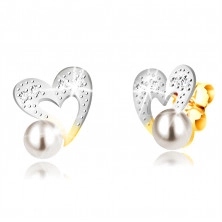 Cercei din aur combinat de 9K – inimă cu contur neregulat, zirconii, perle, știfturi