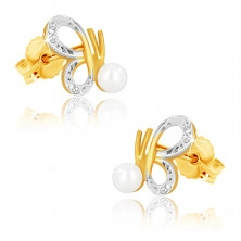 Cercei din aur 9K combinat - fluture cu aripi decupate și o perlă albă, zirconii
