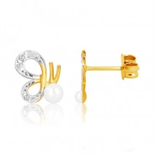Cercei din aur 9K combinat - fluture cu aripi decupate și o perlă albă, zirconii