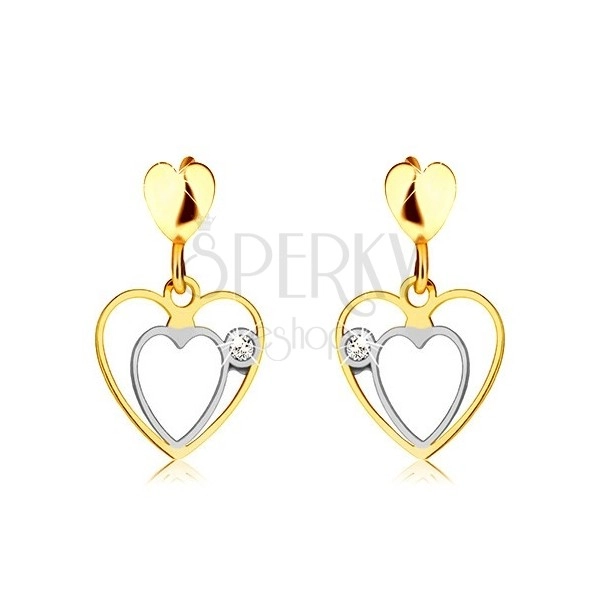 Cercei din aur combinat de 9K – dublu contur inimă, inimă mică plată, zircon