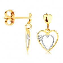 Cercei din aur combinat de 9K – dublu contur inimă, inimă mică plată, zircon