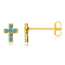 Cercei din aur de 14K – cruce latină micuță împodobită cu turcoaz rotund, știfturi