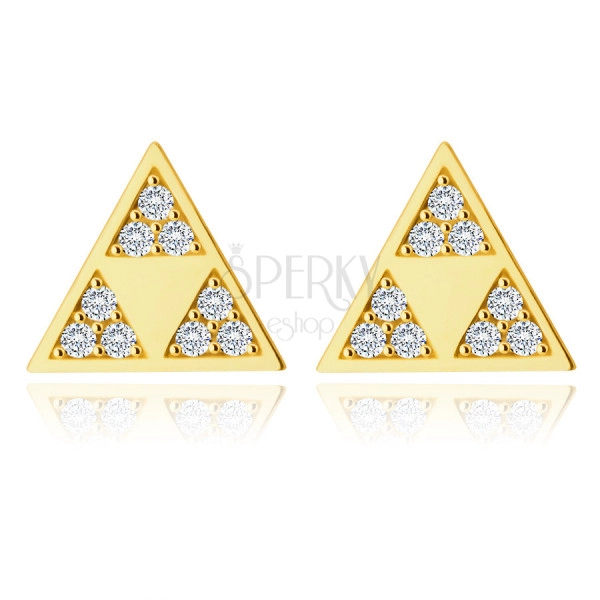 Cercei din aur 585 - triunghi strălucitor cu trei triunghiuri mai mici într-un decupat, zirconii mici