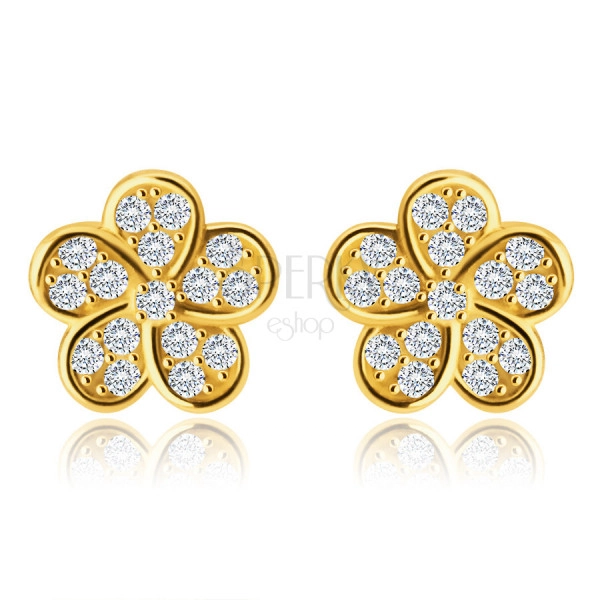Cercei din aur de 14K – floare strălucitoare decorată cu zirconii transparente, știfturi