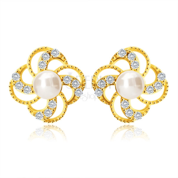 Cercei din aur de 14K – floare cu o linie de petale, zirconii, perle 
