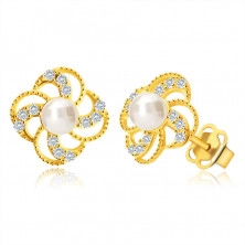 Cercei din aur de 14K – floare cu o linie de petale, zirconii, perle 