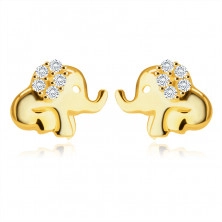 Cercei din aur galben de 14K – un elefant așezat, cu trompă și cu urechea împodobită cu un zirconiu rotund
