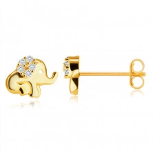 Cercei din aur galben de 14K – un elefant așezat, cu trompă și cu urechea împodobită cu un zirconiu rotund