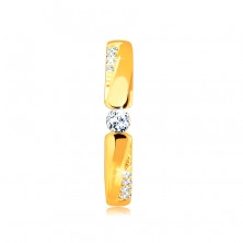 Inel din aur de 14K – zirconiu rotund, laterale cu crestătură împodobite cu zirconii 