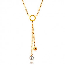 Colier din aur de 14K – perlă albă și bilă strălucitoare pe lanț, cerc plat