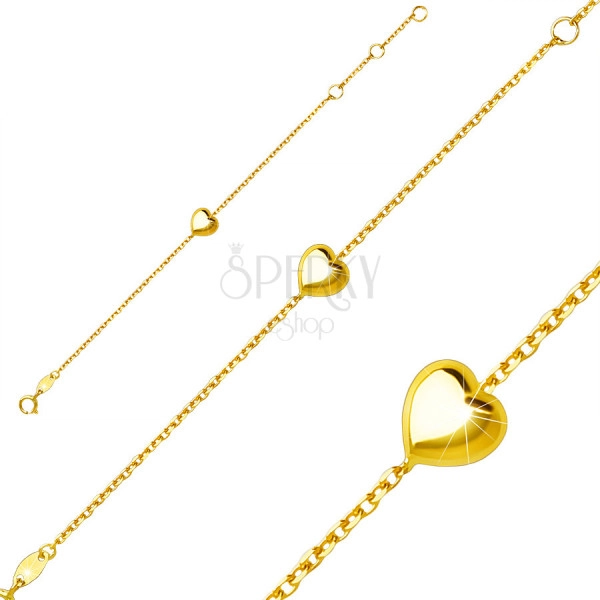 Brățară pentru copii din aur galben de 9K - inimă netedă strălucitoare, închidere cu inel cu arc