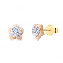 Cercei din aur, 14K – floare cu cristale Swarovski, petale de sidef roz, știfturi
