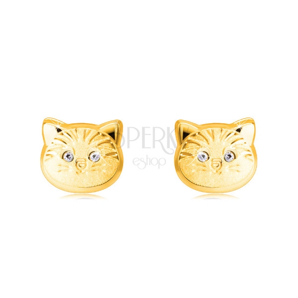 Cercei din aur de 14K - cap de pisicuță cu ochi rotunzi din zirconiu