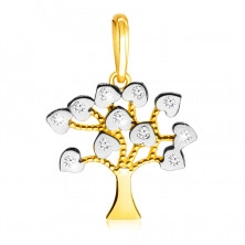 Pandantiv din aur combinat de 14K - copac al vieții, frunze cu zirconii rotunde