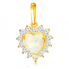 Pandantiv de aur de 14K – opal sintetic alb în formă de inimă, marginea din zirconii rotunde transparente