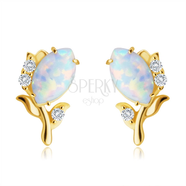 Cercei din aur de 14K - floare cu opal sintetic alb, zirconii mici rotunde, știfturi