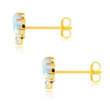 Cercei din aur 585 - zirconiu rotund transparent, două opale sintetice albe cu reflexe curcubeu, închidere de tip fluturaș