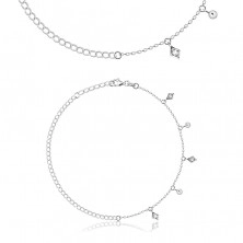 Brățară din gleznă din argint 925 - inele rotunde, pandantiv în formă de romb, zircon rotund, margelă netedă