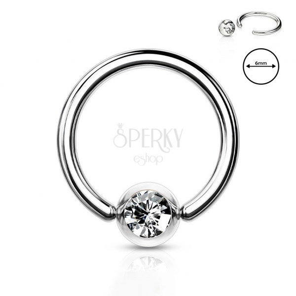 Piercing pentru sprâncene, din oțel 316L – inel cu un cristal transparent într-o lunetă rotundă, 0,8 mm, diametru 6 mm